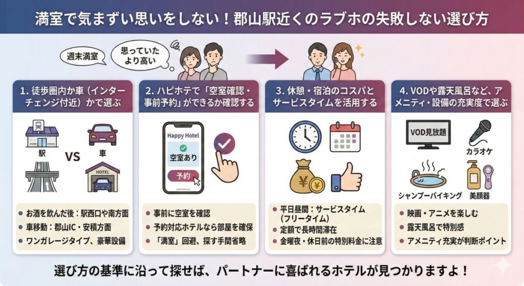 満室で気まずい思いをしない!郡山駅近くのラブホの失敗しない選び方